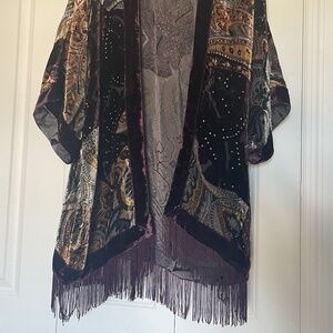 Tempted Burnout Velvet Kimono Jacket Y2K Boho Paisley Fringe | L/XL
